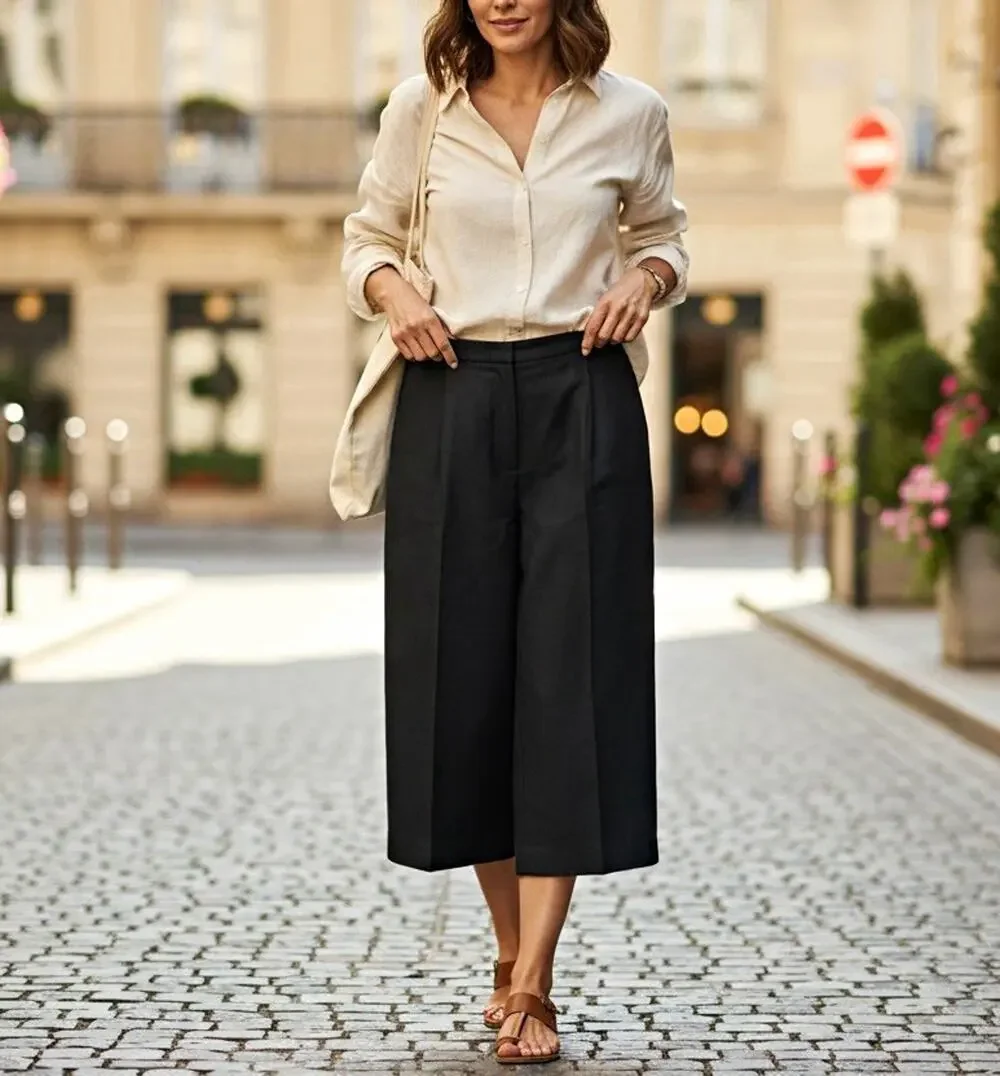 COS Black Linen Viscose Blend Wide Leg Pleated Trousers Pants Size 14 NWT